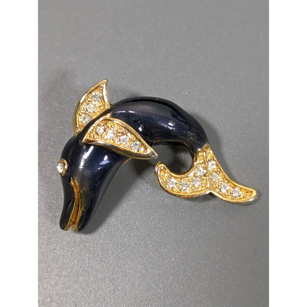 Vintage Gray Enamel Crystal Pave Dolphin Fish Gold Tone Brooch Pin